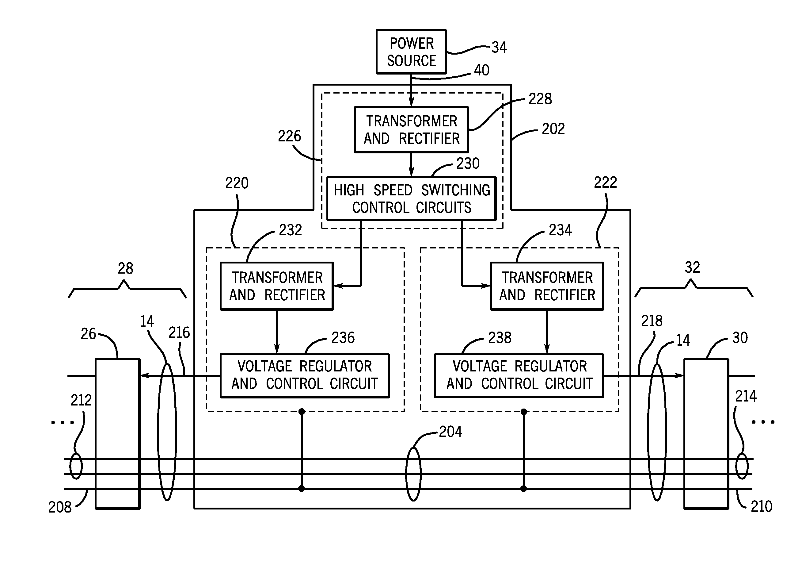 Single-input and dual-output power supply with integral coupling feature