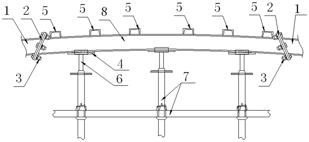 Structure and construction method of cast-in-place arch bridge rod support steel arc-shaped distribution beam