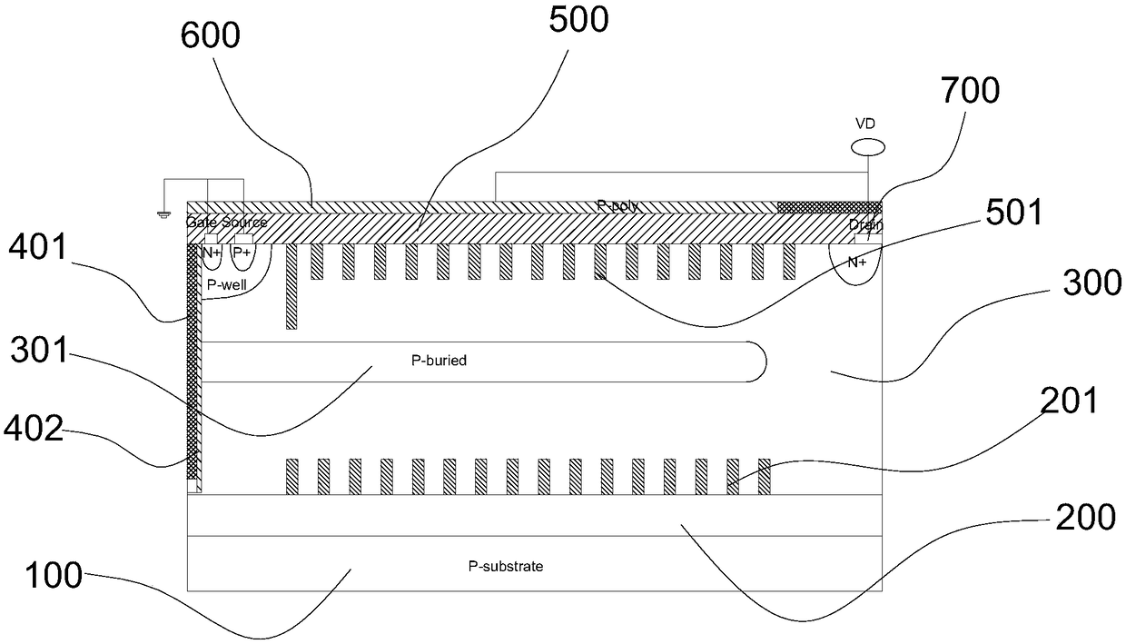 Power device having interface charge trench high-voltage interconnection structure