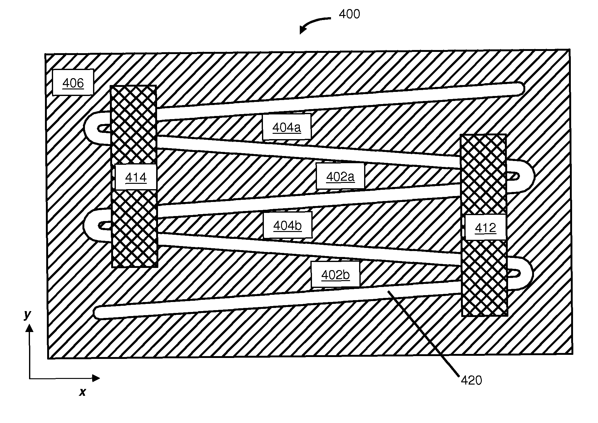 Piezoelectric energy harvester having planform-tapered interdigitated beams