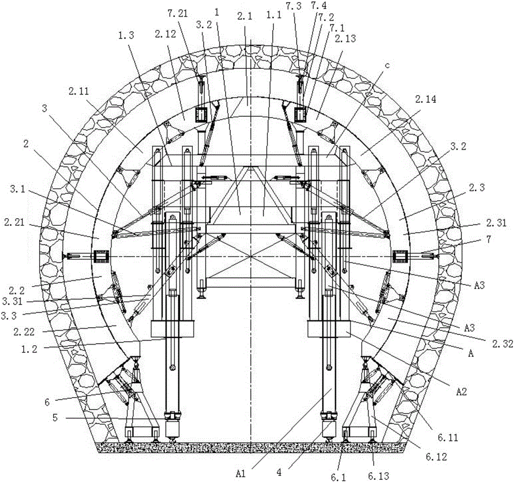 Section-variable tunnel-crossing lining trolley
