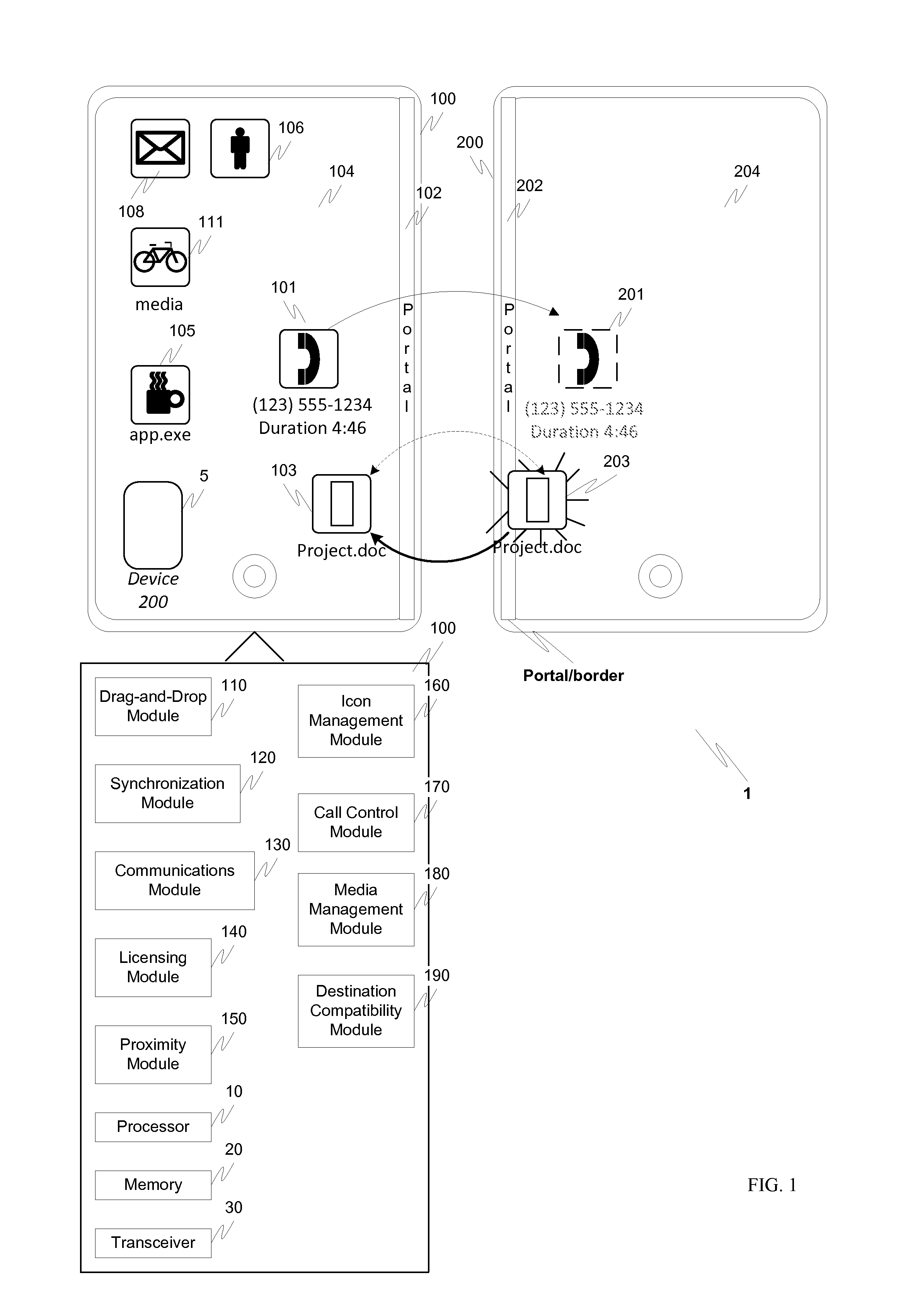 Method and apparatus for allowing drag-and-drop operations across the shared borders of adjacent touch screen-equipped devices