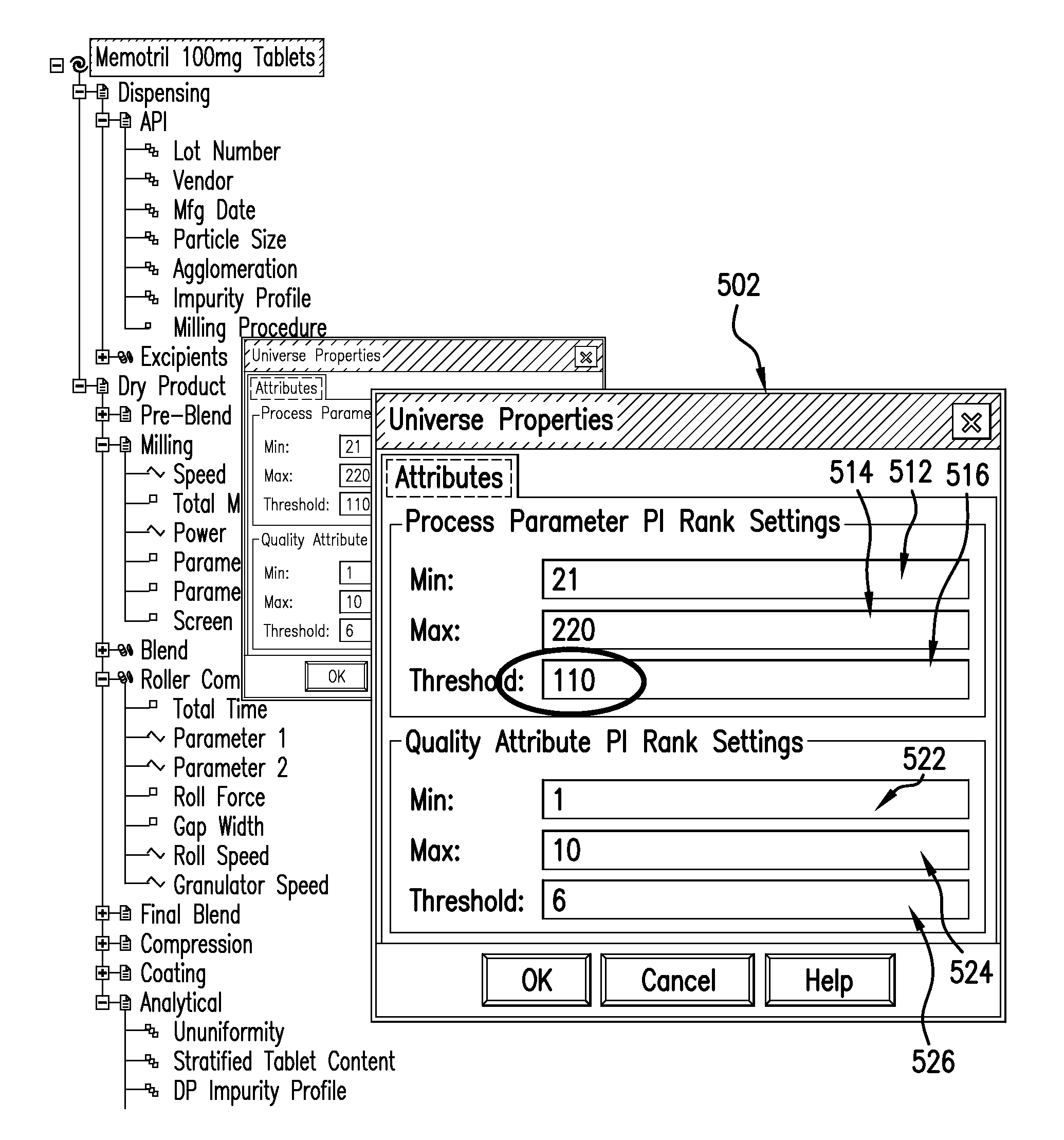 System for designating, displaying and selecting types of process parameters and product outcome parameters