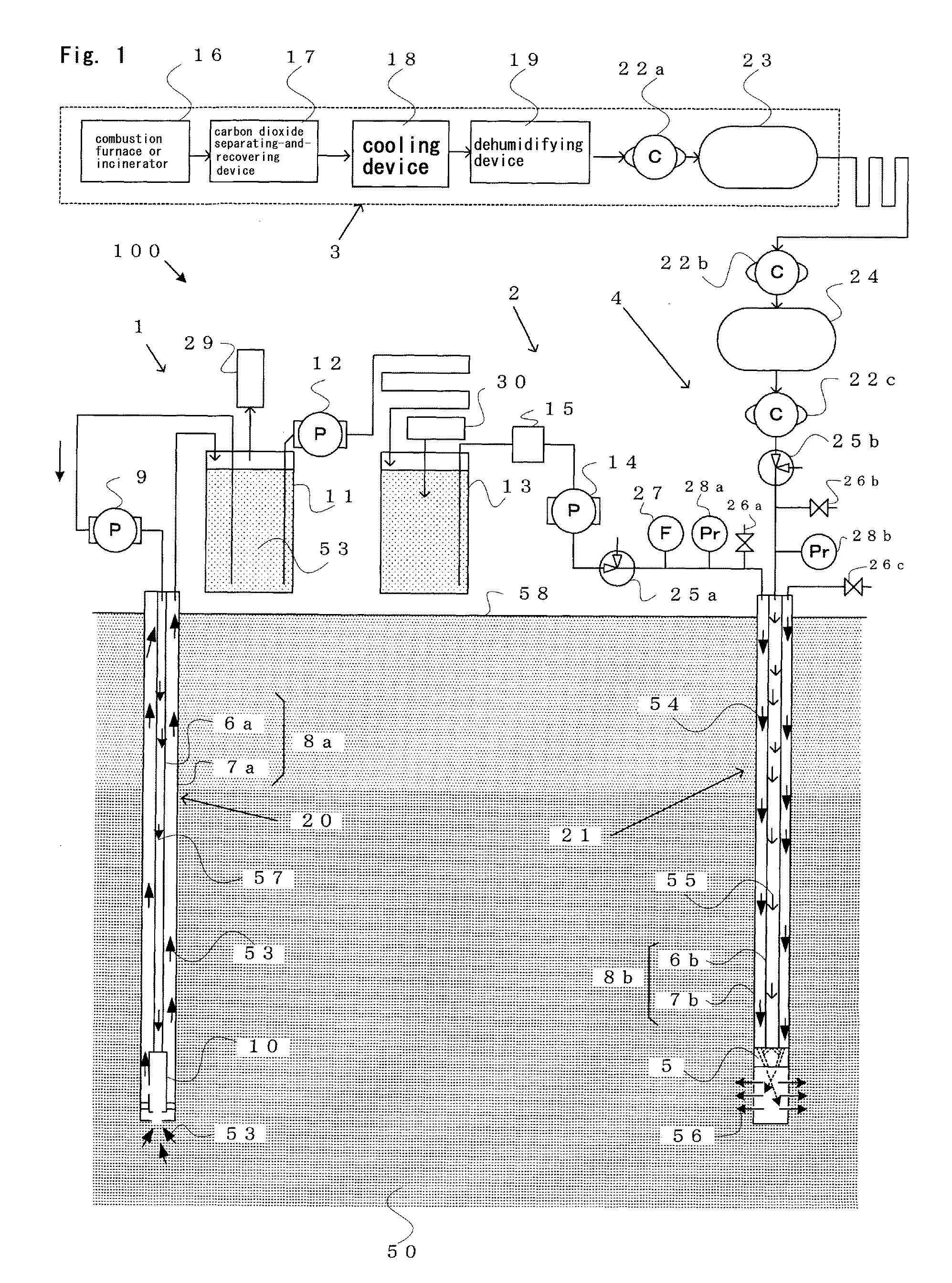 System for treating carbon dioxide, and method for storing such treated carbon dioxide underground