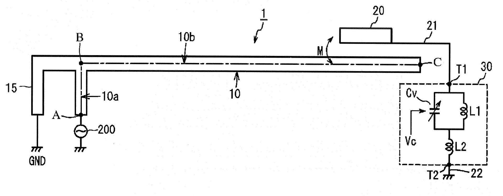 Frequency variable antenna circuit, antenna component constituting the same, and wireless communication device using those