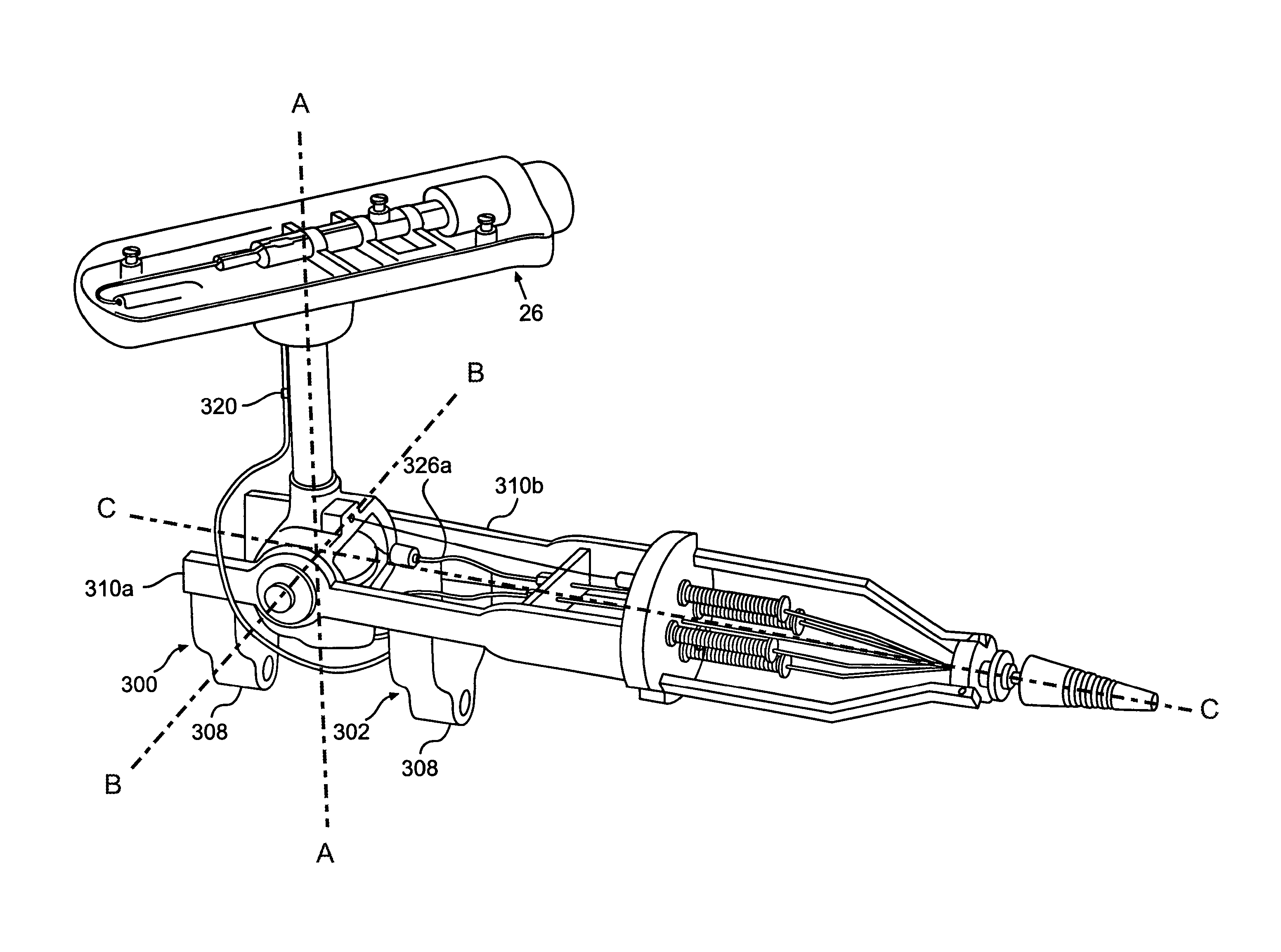 Catheter drive system with control handle rotatable about two axes separated from housing by shaft