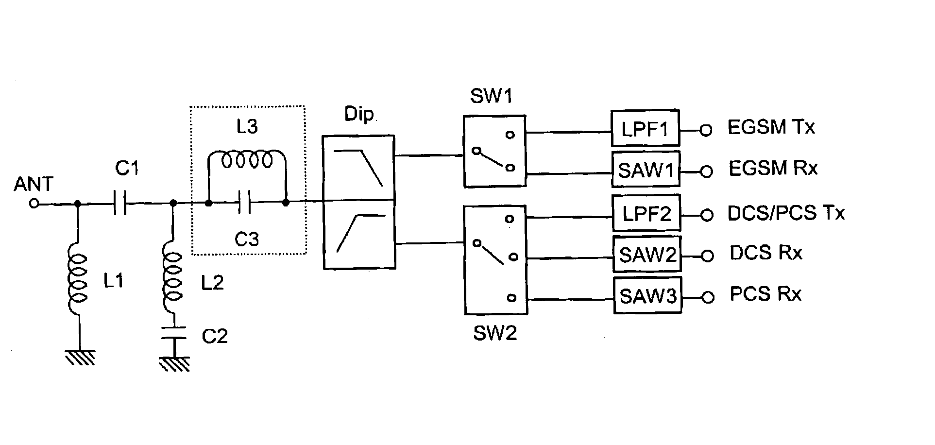 Bypass filter, multi-band antenna switch circuit, and layered module composite part and communication device using them