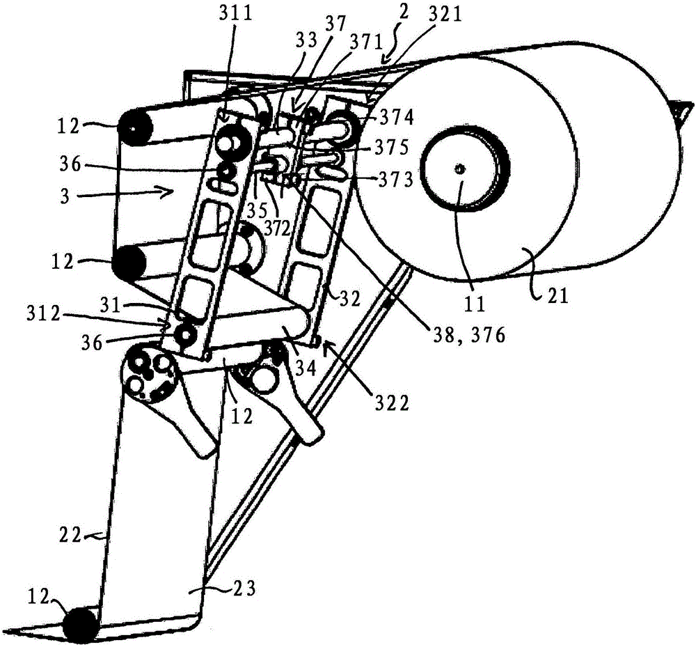 Web guiding device and device for processing a web of material