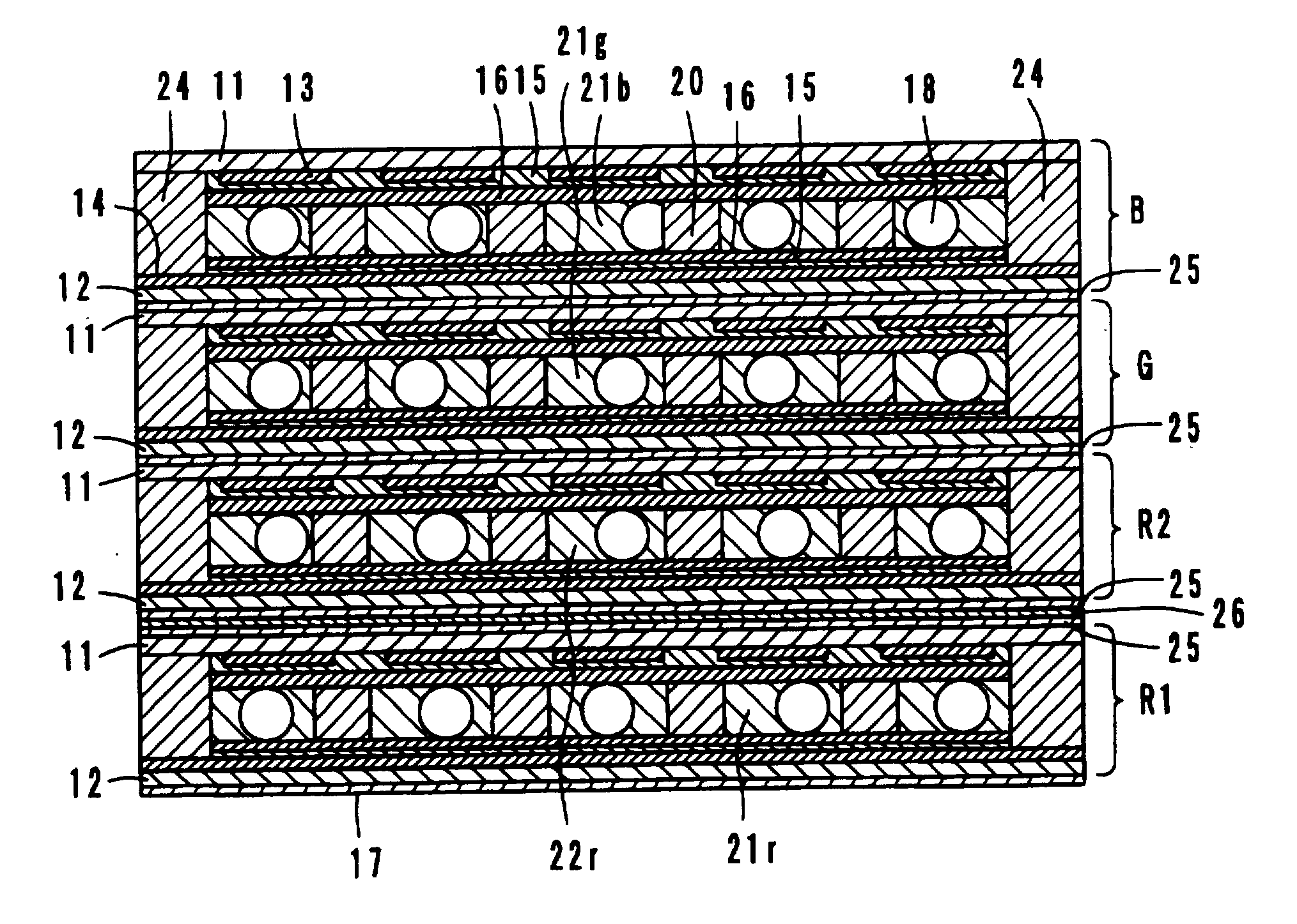 Layered type reflective full-color liquid crystal display element and display device having the element
