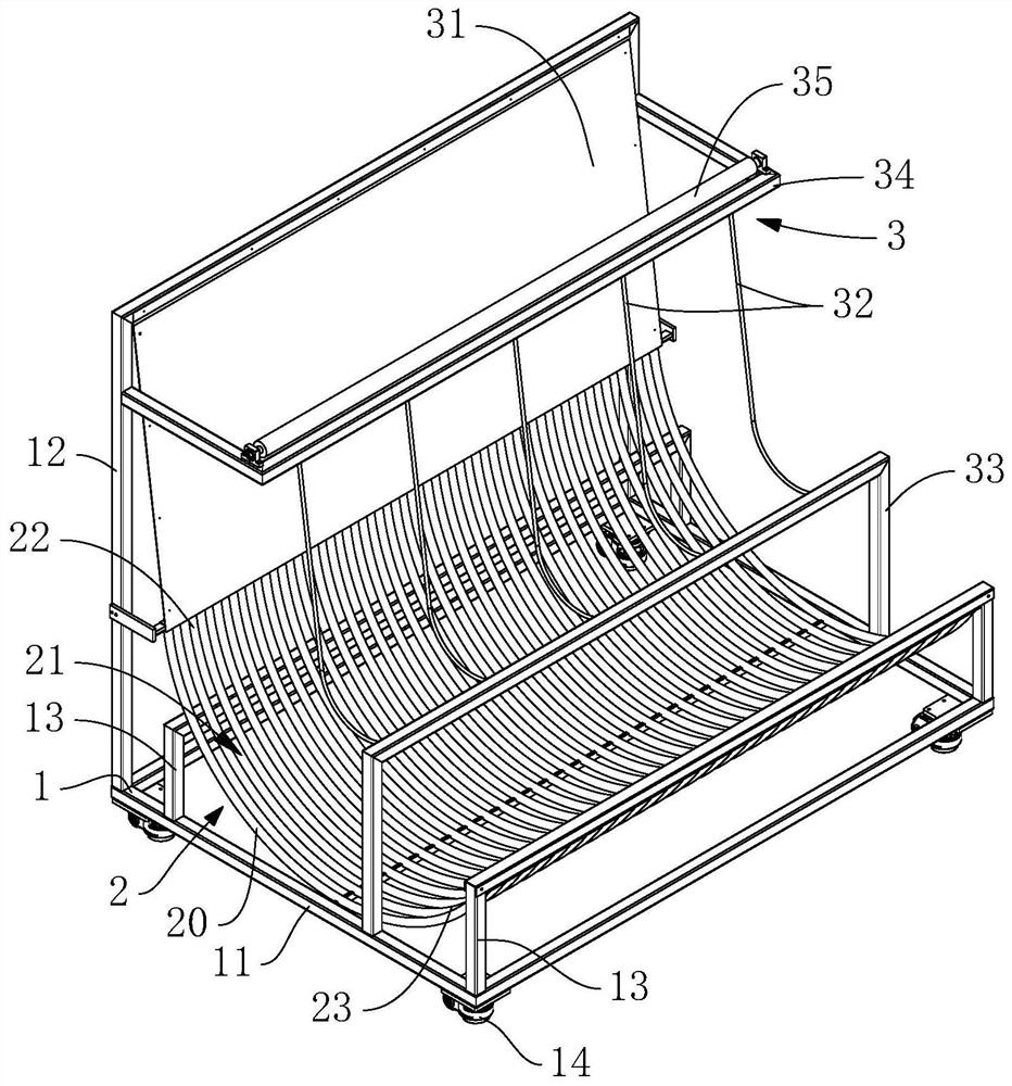 Flexible strip material caching device and flexible strip material processing and production line thereof