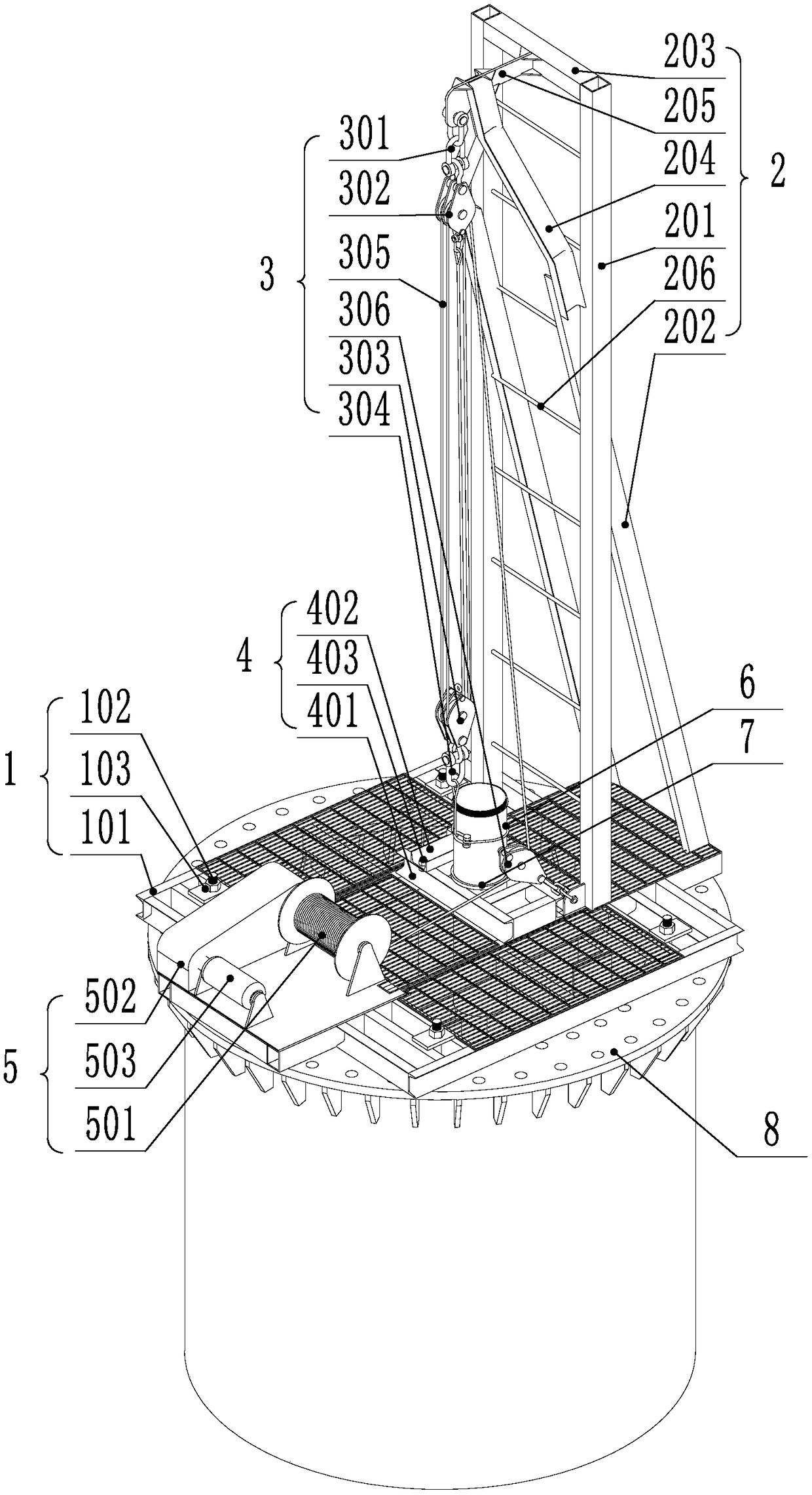 Conduit lifting device and method used for injection of concrete into steel tubes of power transmission tower in upper air