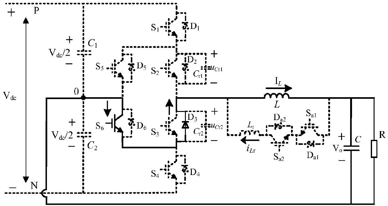 Auxiliary resonant pole active clamp three-level soft switching inverter circuit and modulation method