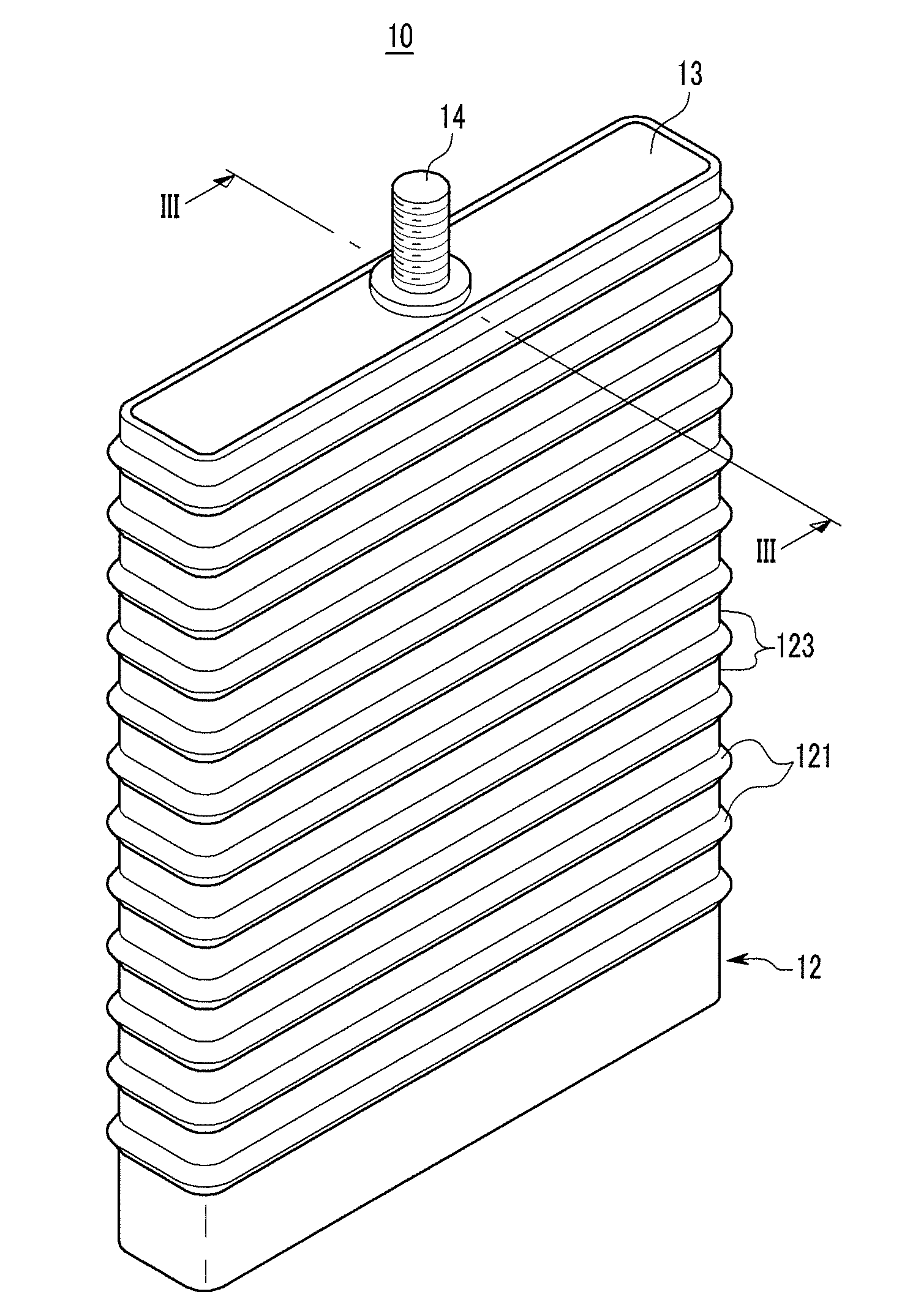 Rechargeable battery having an extendable case region