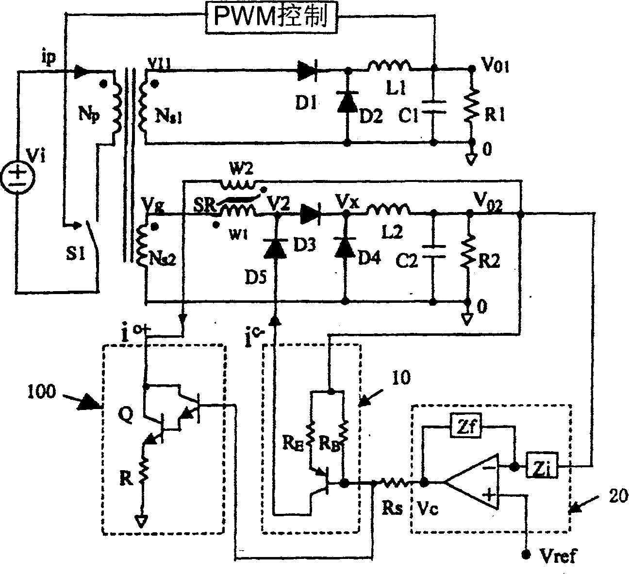 Auxiliary output voltage control realized using idirectional magnetization magnetic amplifier