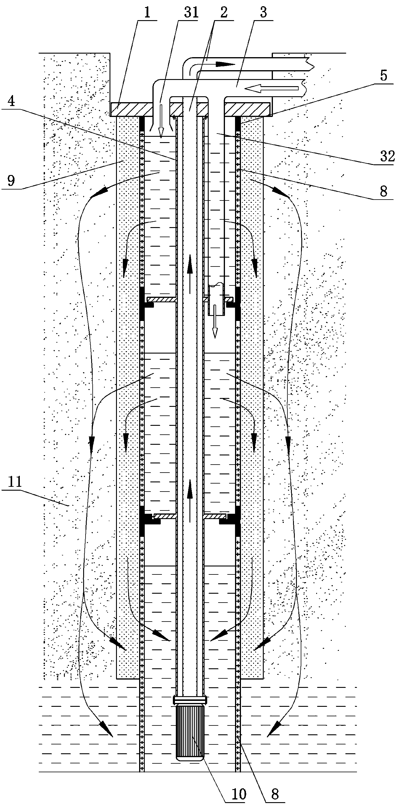 Hard-pipe type water outlet and return device in same water source well for water source heat pump central air conditioner