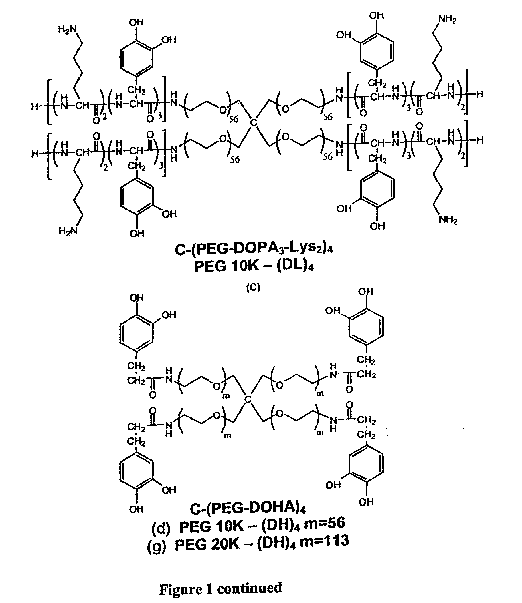 Dopa-functionalized, branched, poly(aklylene oxide) adhesives