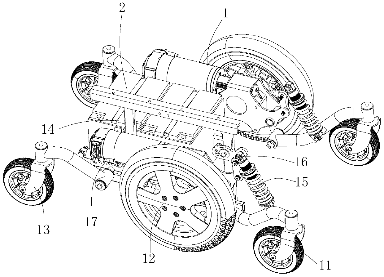 Vibration-damping chassis structure, vibration damping device and wheelchair