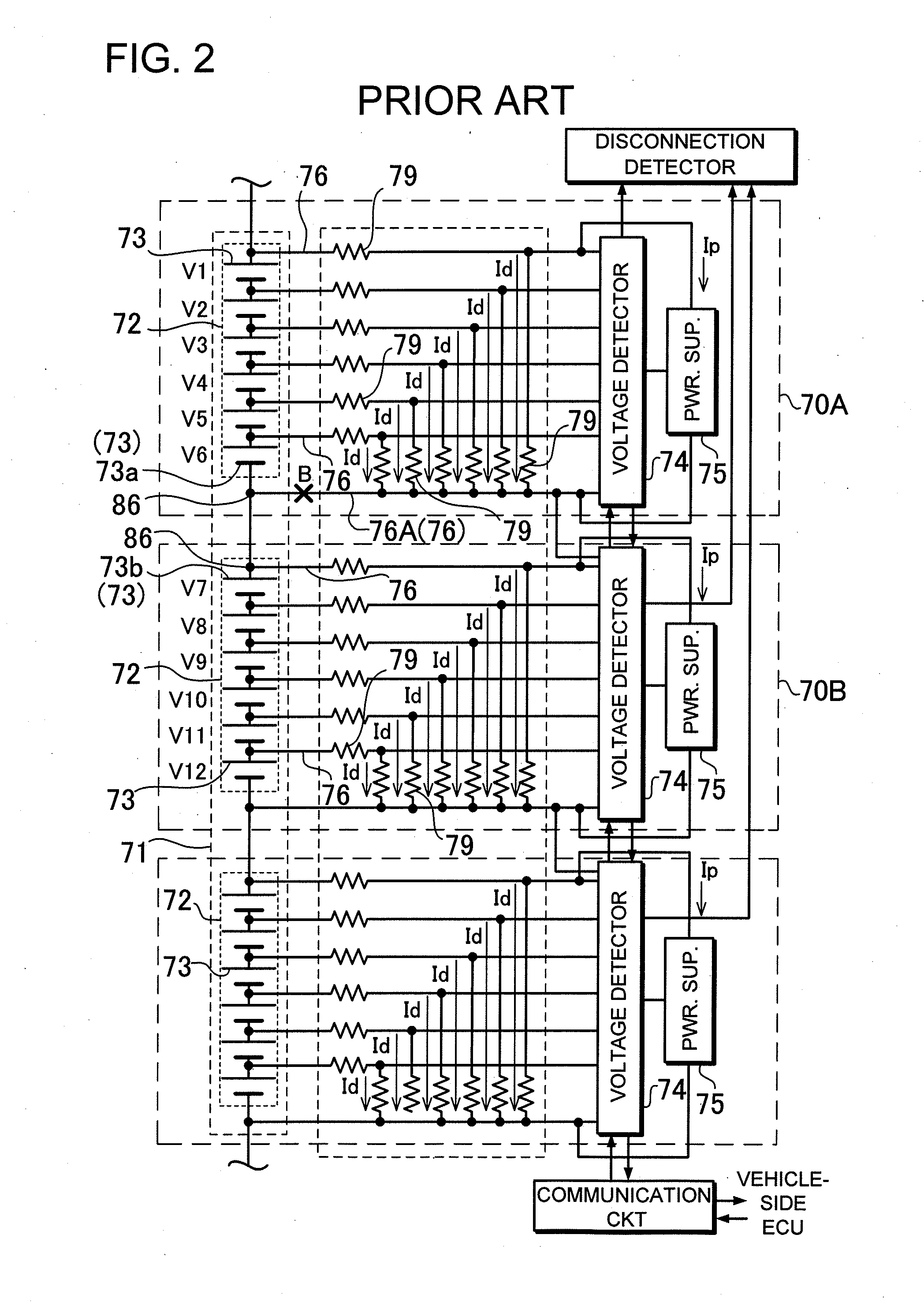 Power supply device for detecting disconnection of voltage detection lines