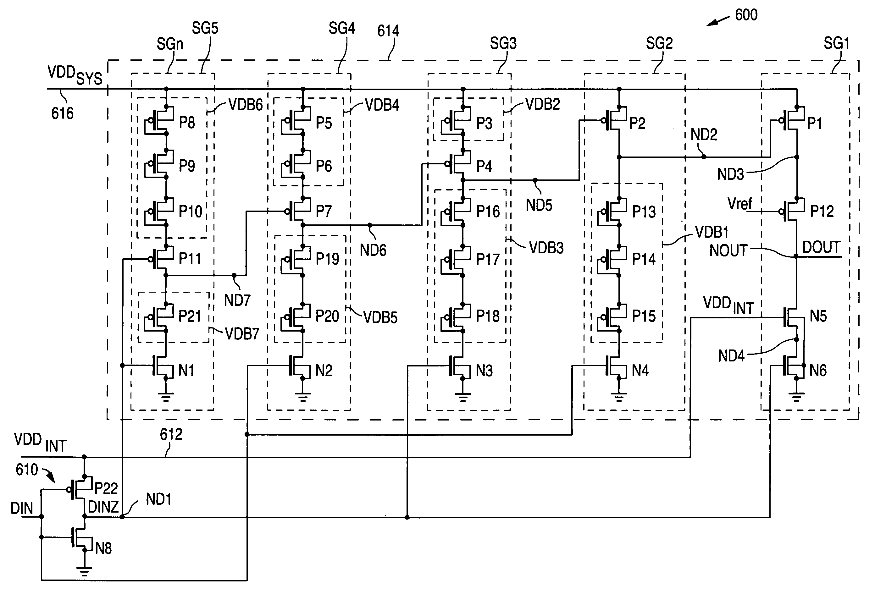 High voltage CMOS output buffer constructed from low voltage CMOS transistors