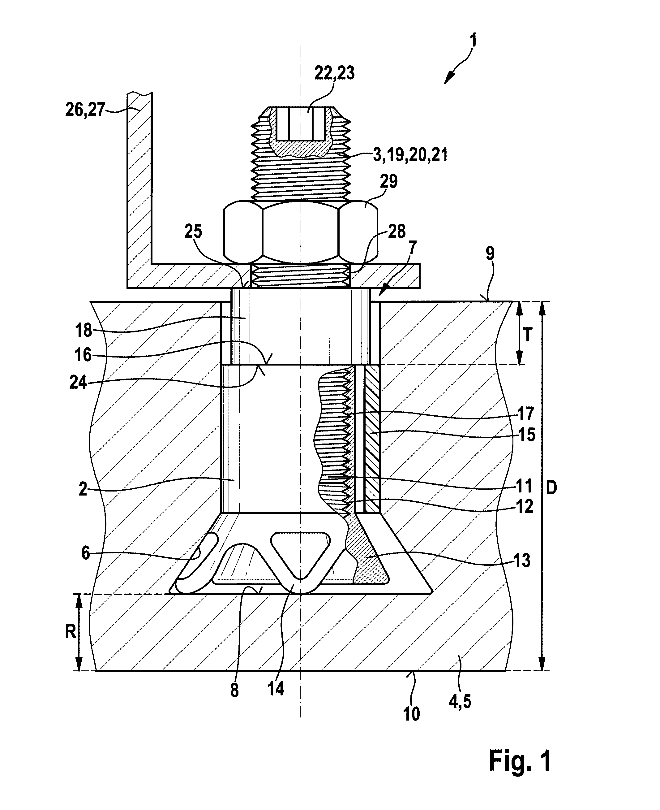Combination having an anchor for panel-like components, and a fixing arrangement