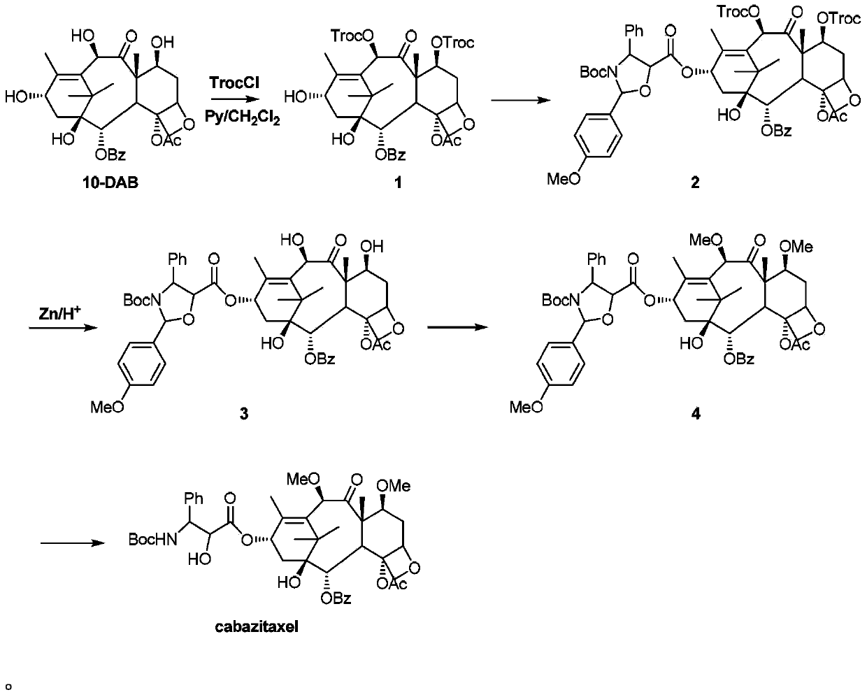 Method for preparing cabazitaxel by taking 10-deacetylate-baccatin III as raw material