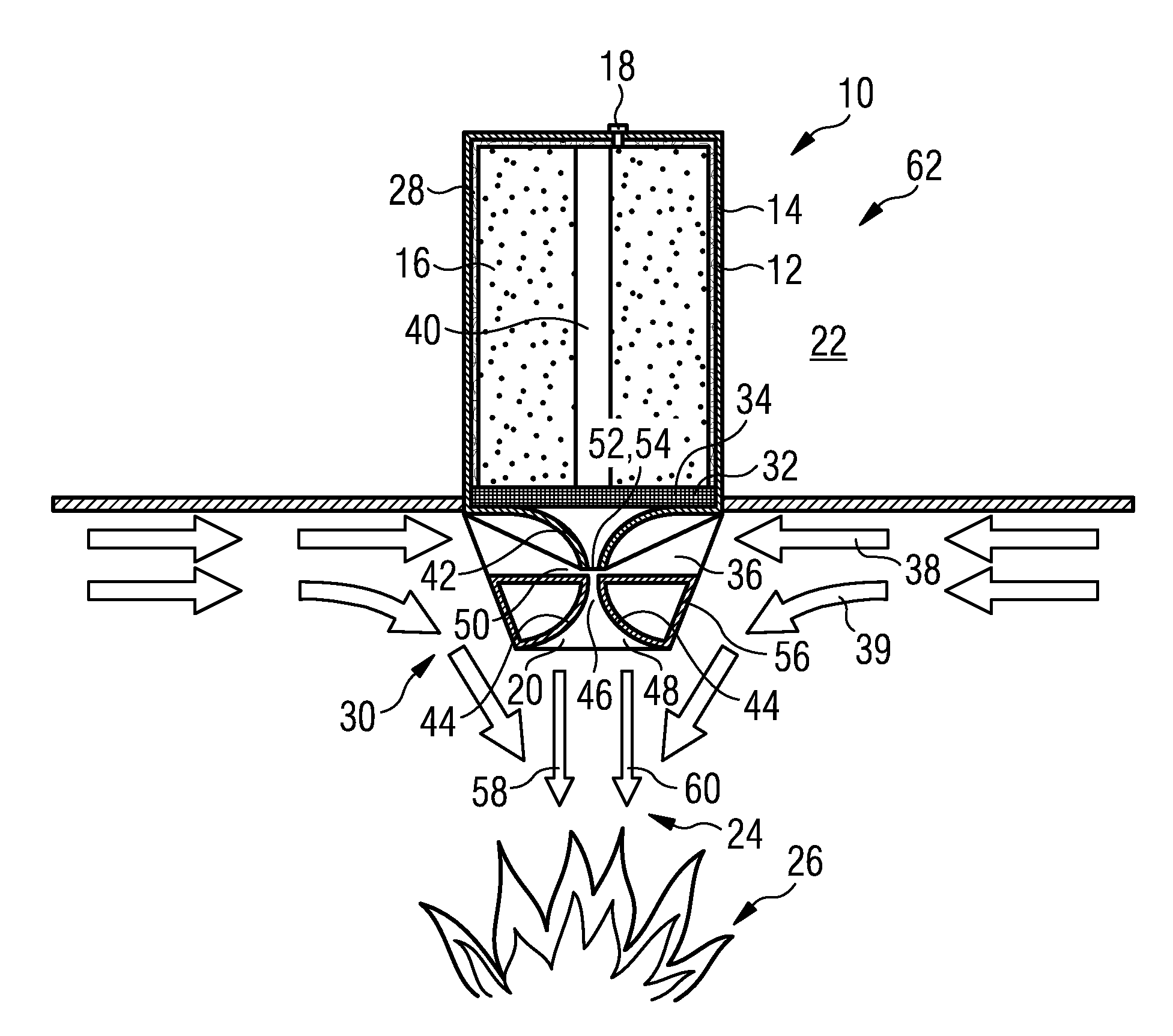 Solid propellant gas generator, extinguishing device, method for cooling a flowing mixture and method for extinguishing a fire