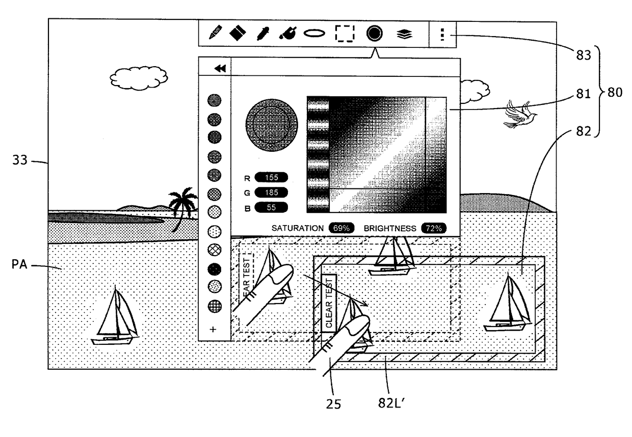 Battery driven mobile drawing device, including electromagnetic induction and capacitive position detectors and a control circuit for causing a parameter setting area to be displayed, and a test drawing area to be displayed transparently, superimposed, on a portion of a drawing in an image display area of a display, for rendering a drawing using an electronic pen