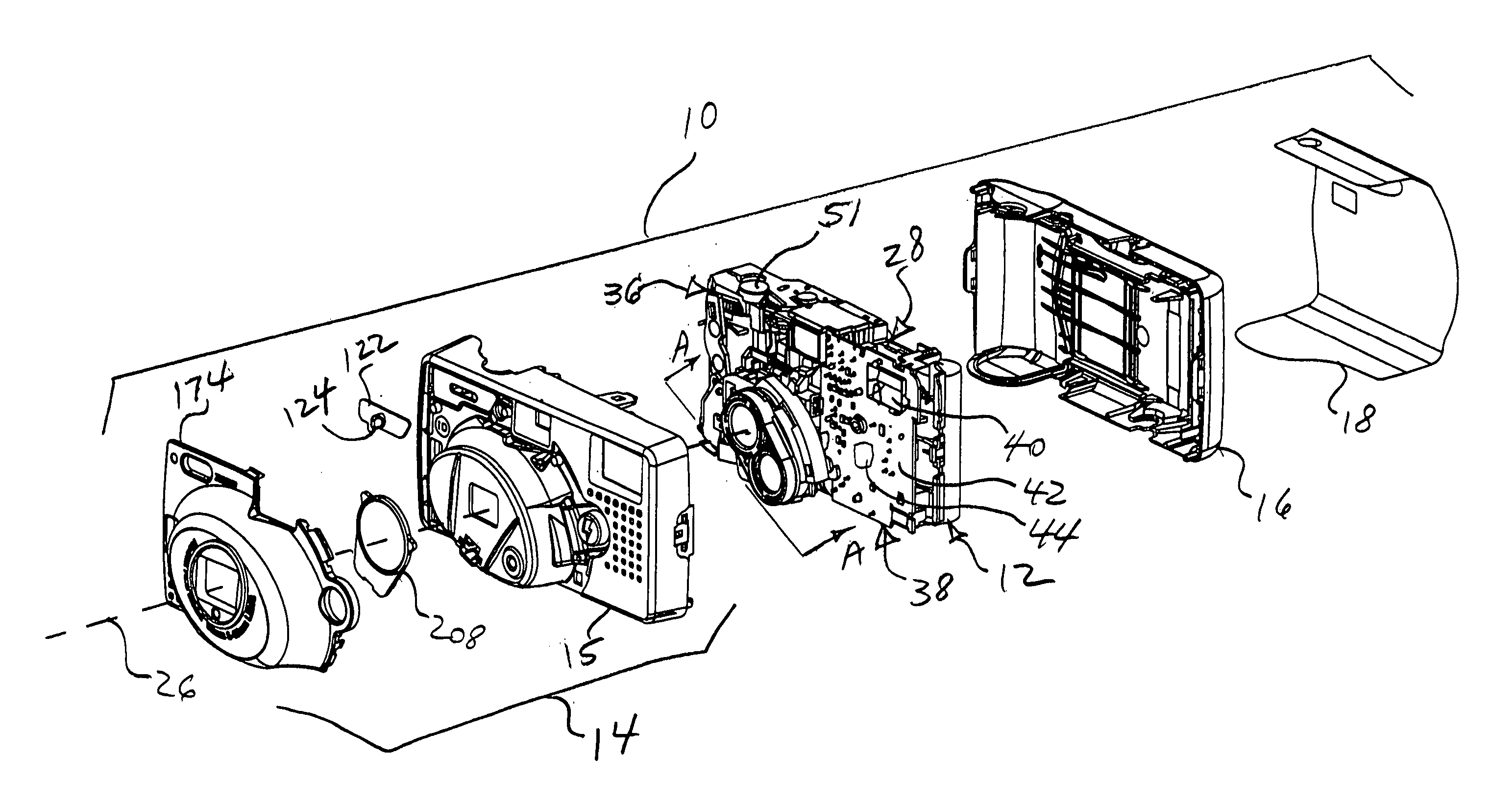 Camera assemblies having overlapping rocker and link projections