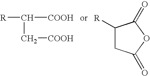 Low-chlorine, polyolefin-substituted, with amine reacted, alpha-beta unsaturated carboxylic compounds