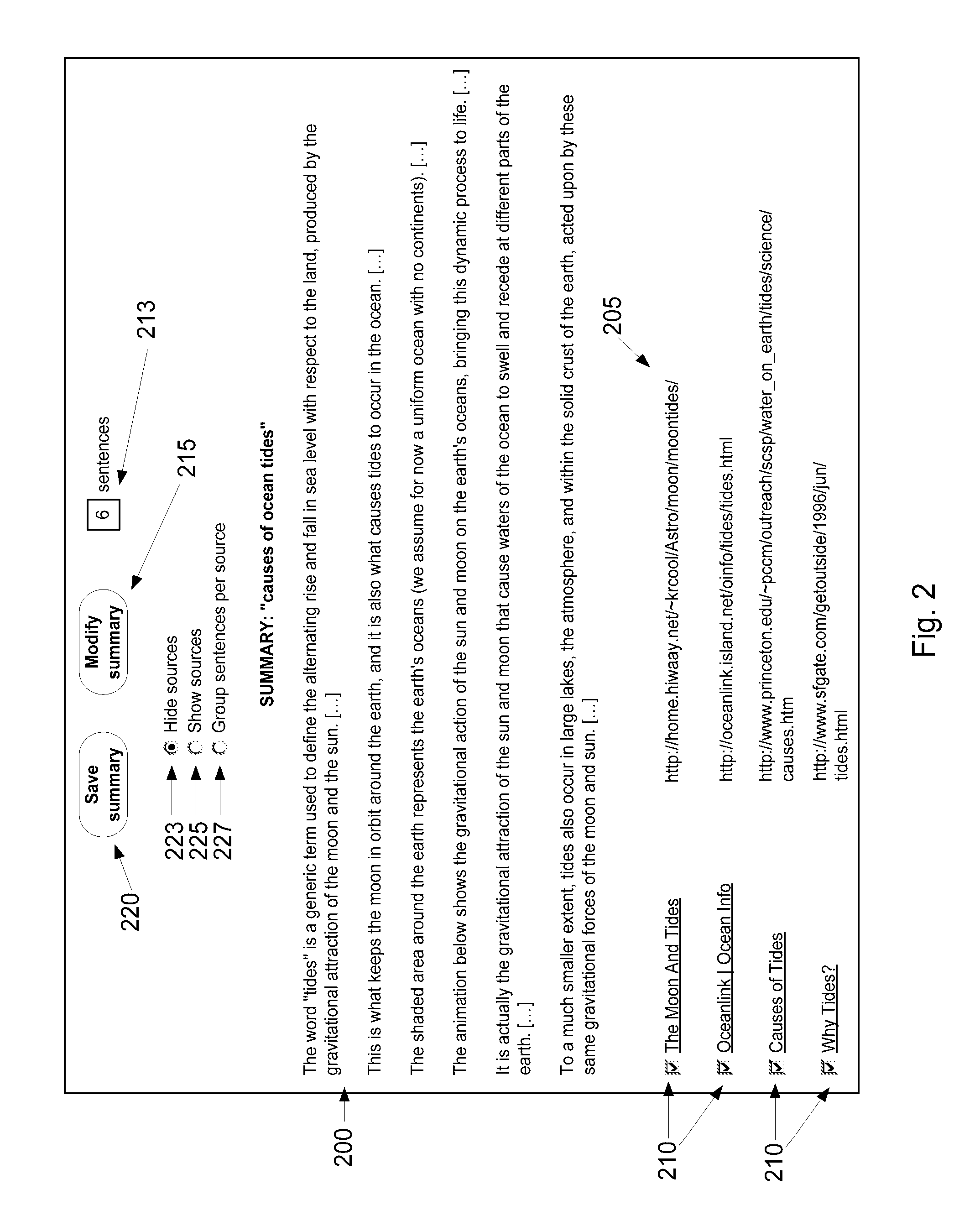 System, method, and user interface for a search engine based on multi-document summarization
