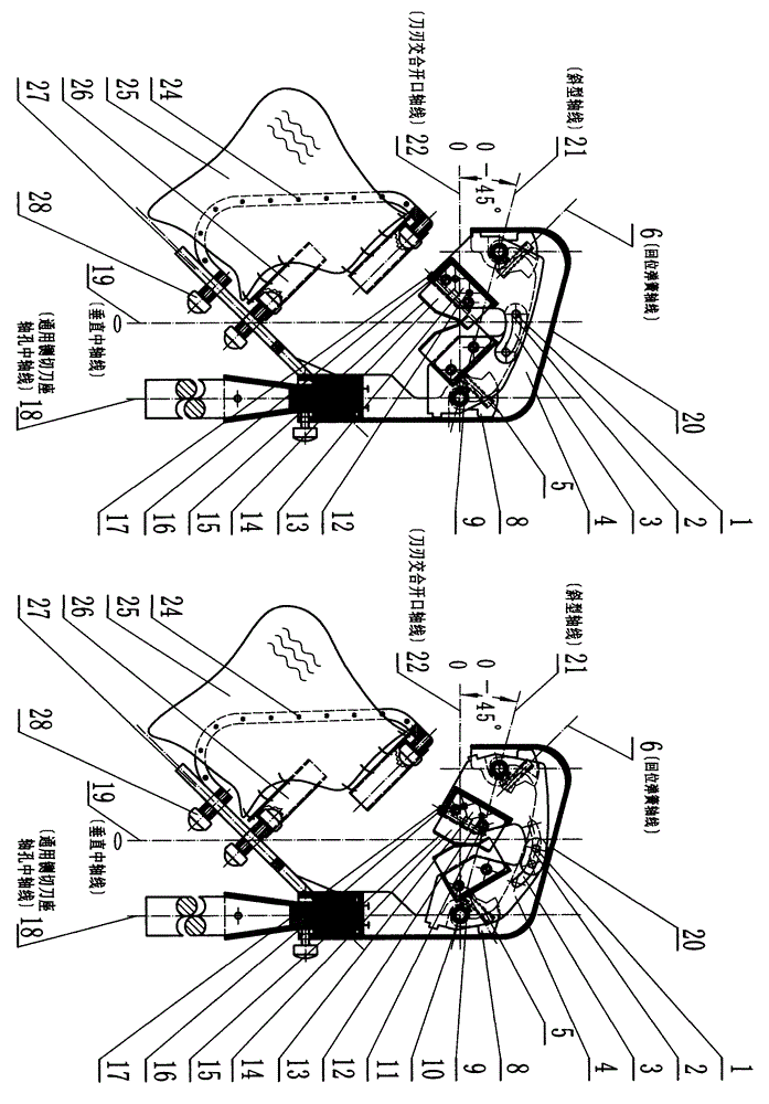 High-branch fruit automatic cutting and pulling harvester having slant axis and capable of returning to cylindrical cutting tool apron