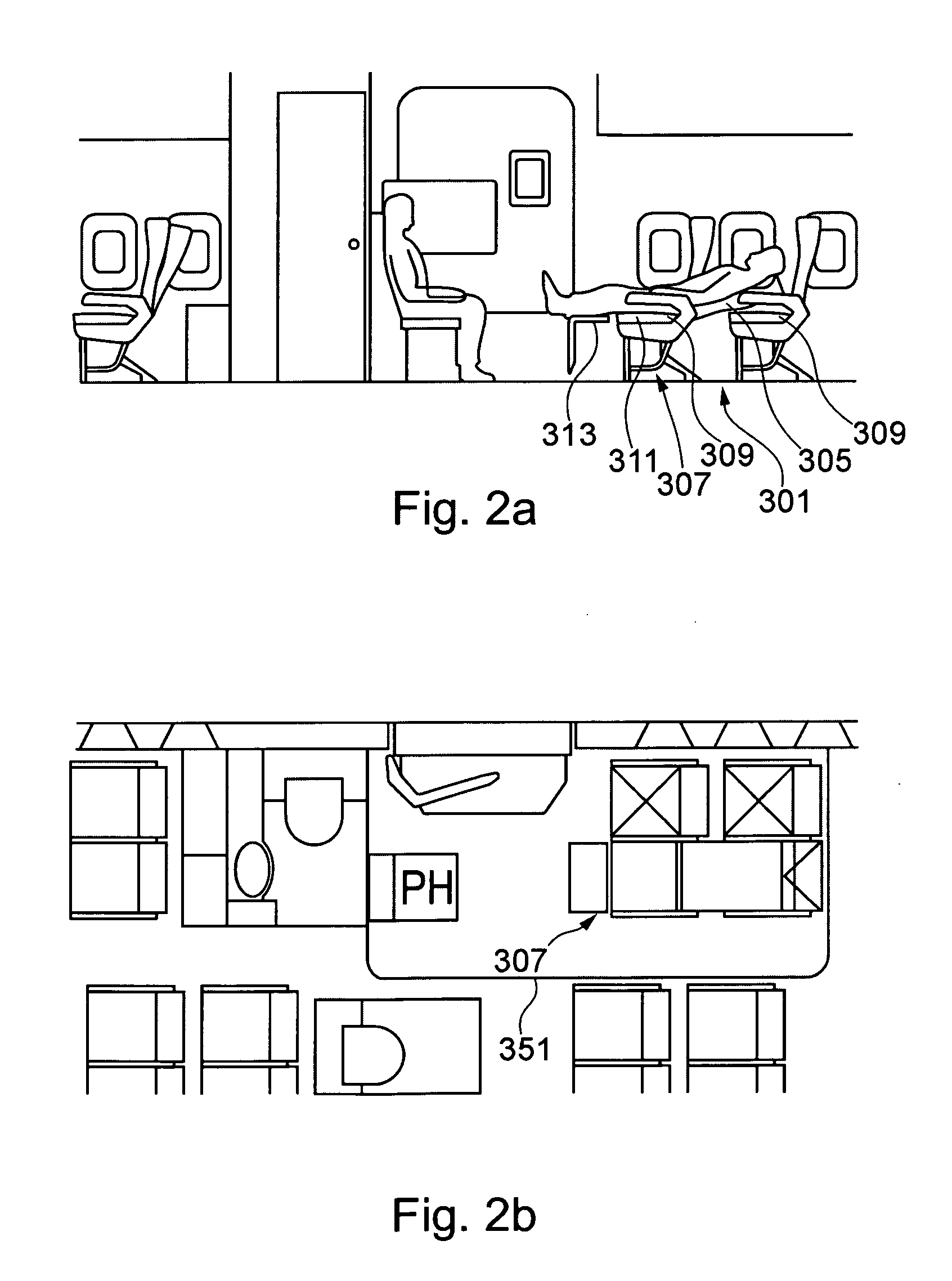Aircraft with seat arrangement having different seat configurations for transport of a patient