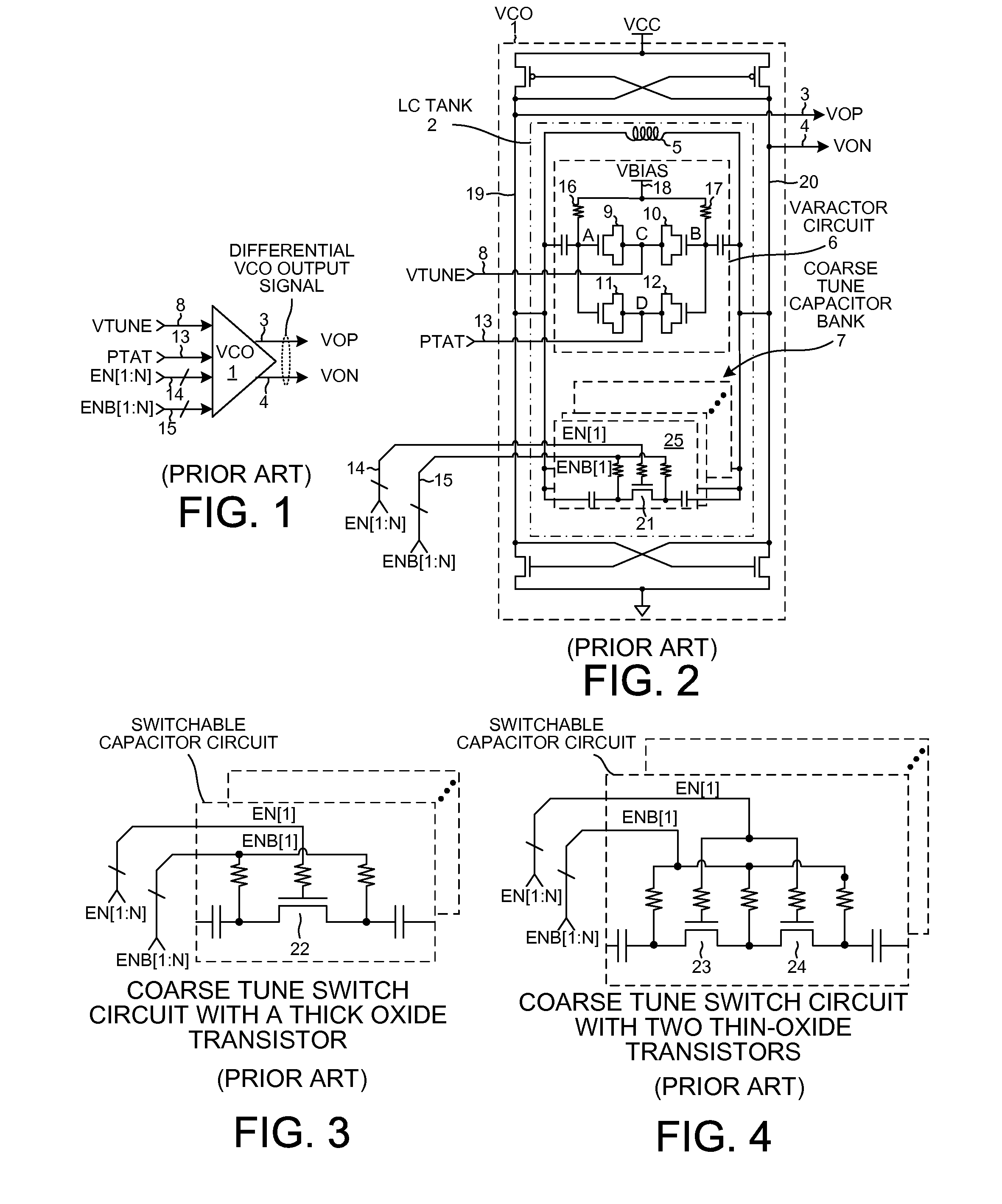 Temperature compensation and coarse tune bank switches in a low phase noise vco