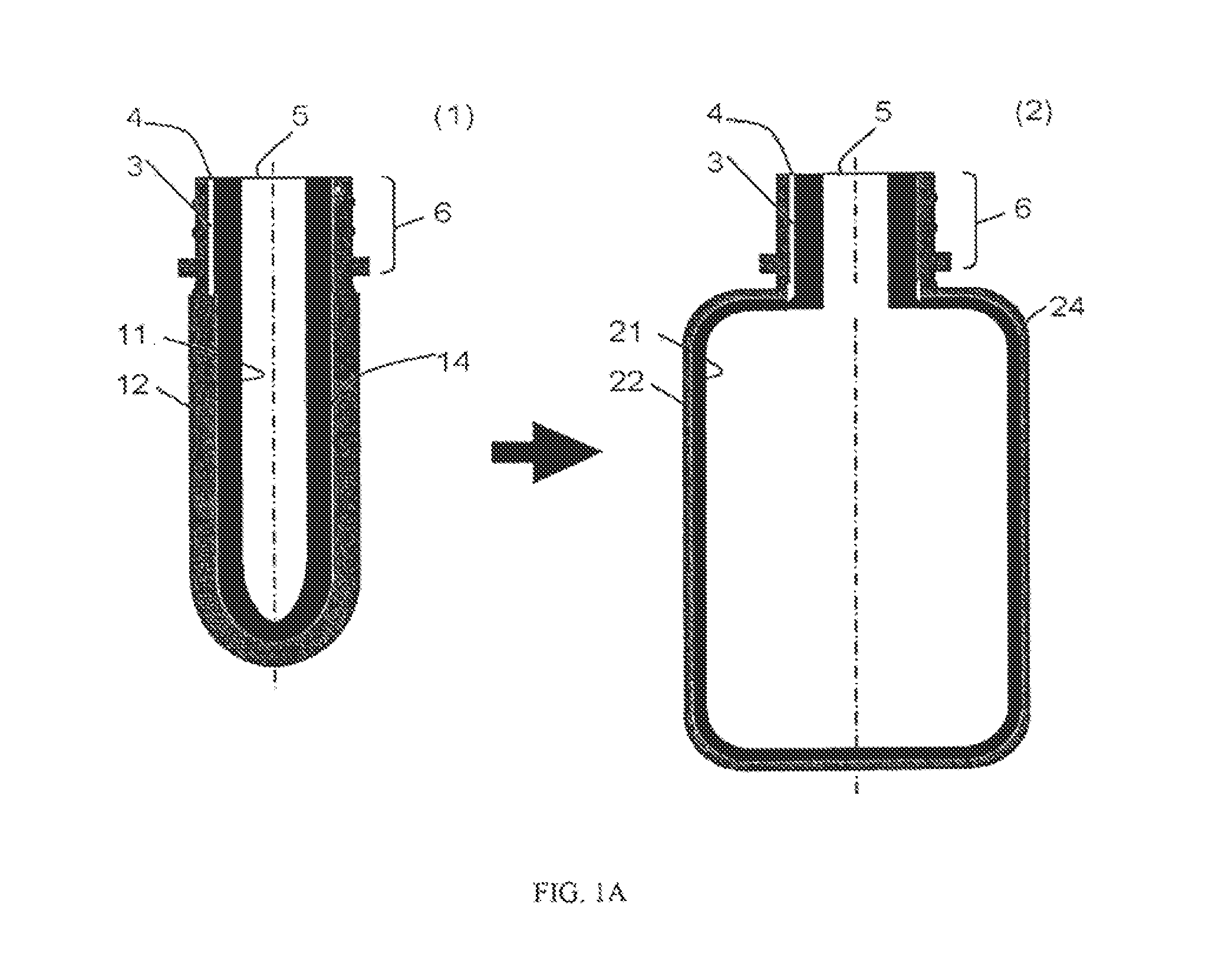 Integrally blow-moulded bag-in-container having a bag anchoring point; process for the production thereof; and tool thereof
