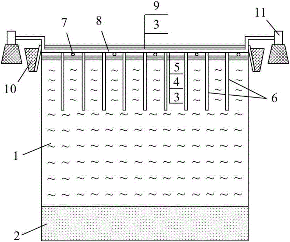 Method for treating soft soil foundation through combination of bagged grouting gravel pile and vacuum preloading