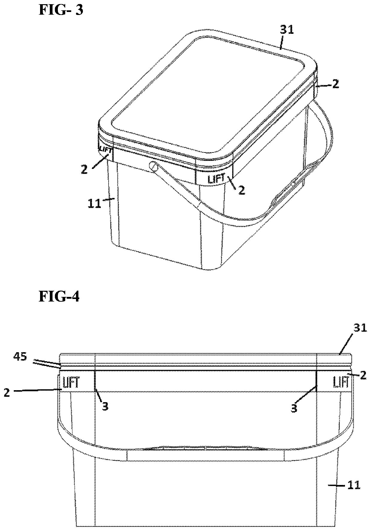 Plastic container body and container closure and carry handle grip / container leverage opening tool assembly