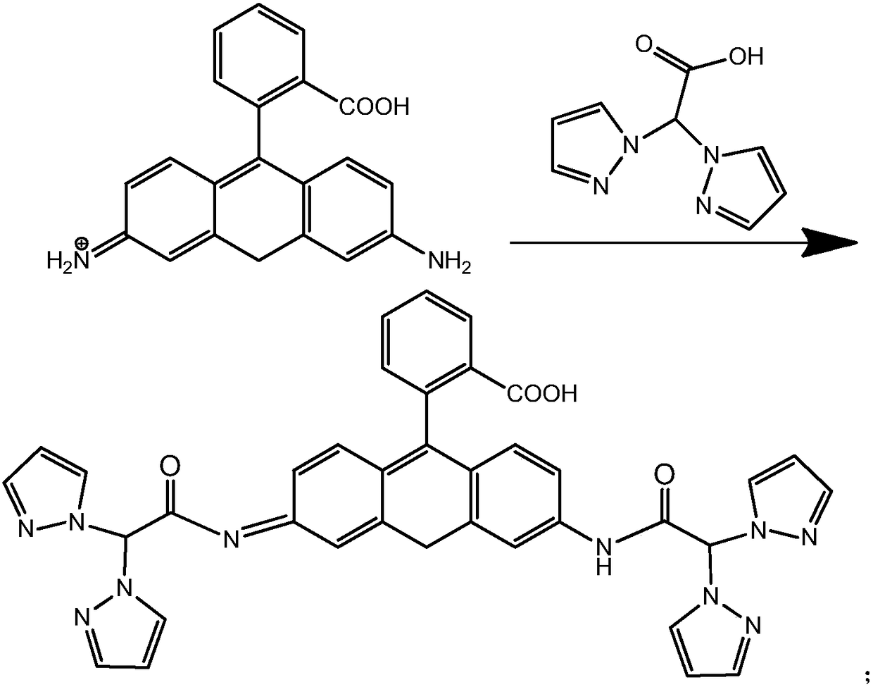 Preparation method of binuclear rhodamine bispyrazole acetate organic laser material