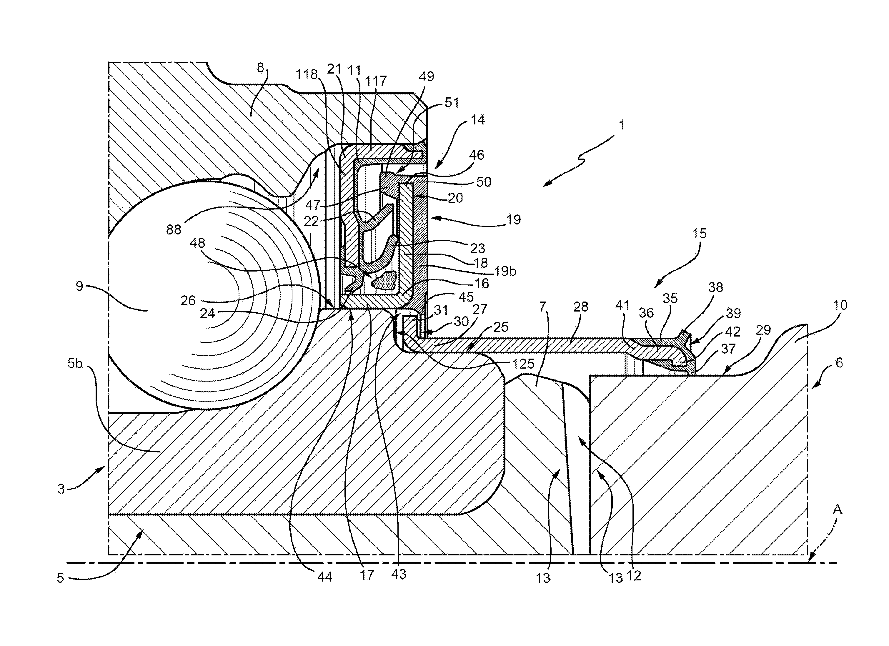 Arrangement of a wheel hub connected to a constant velocity joint provided with a low friction seal device