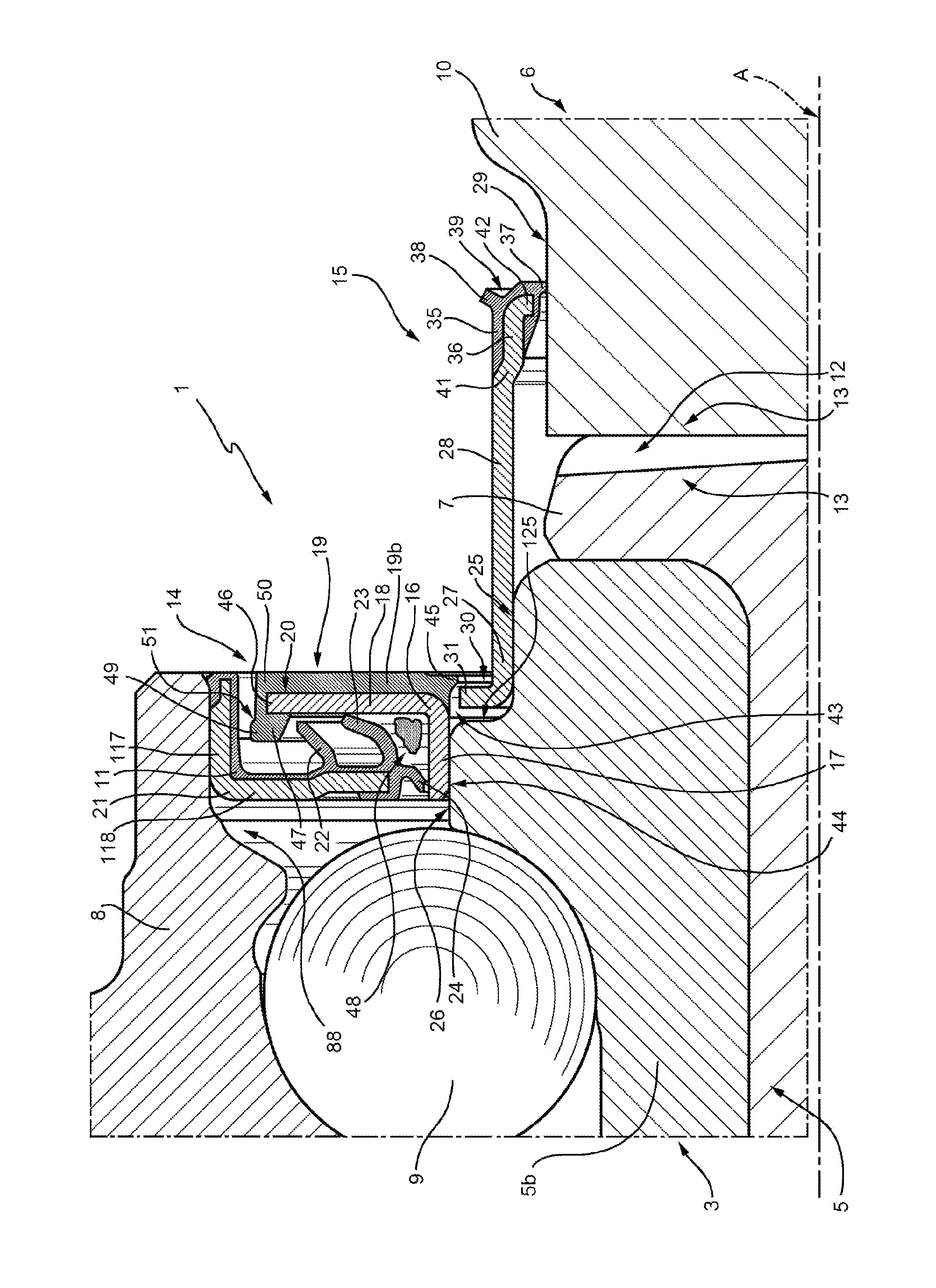 Arrangement of a wheel hub connected to a constant velocity joint provided with a low friction seal device