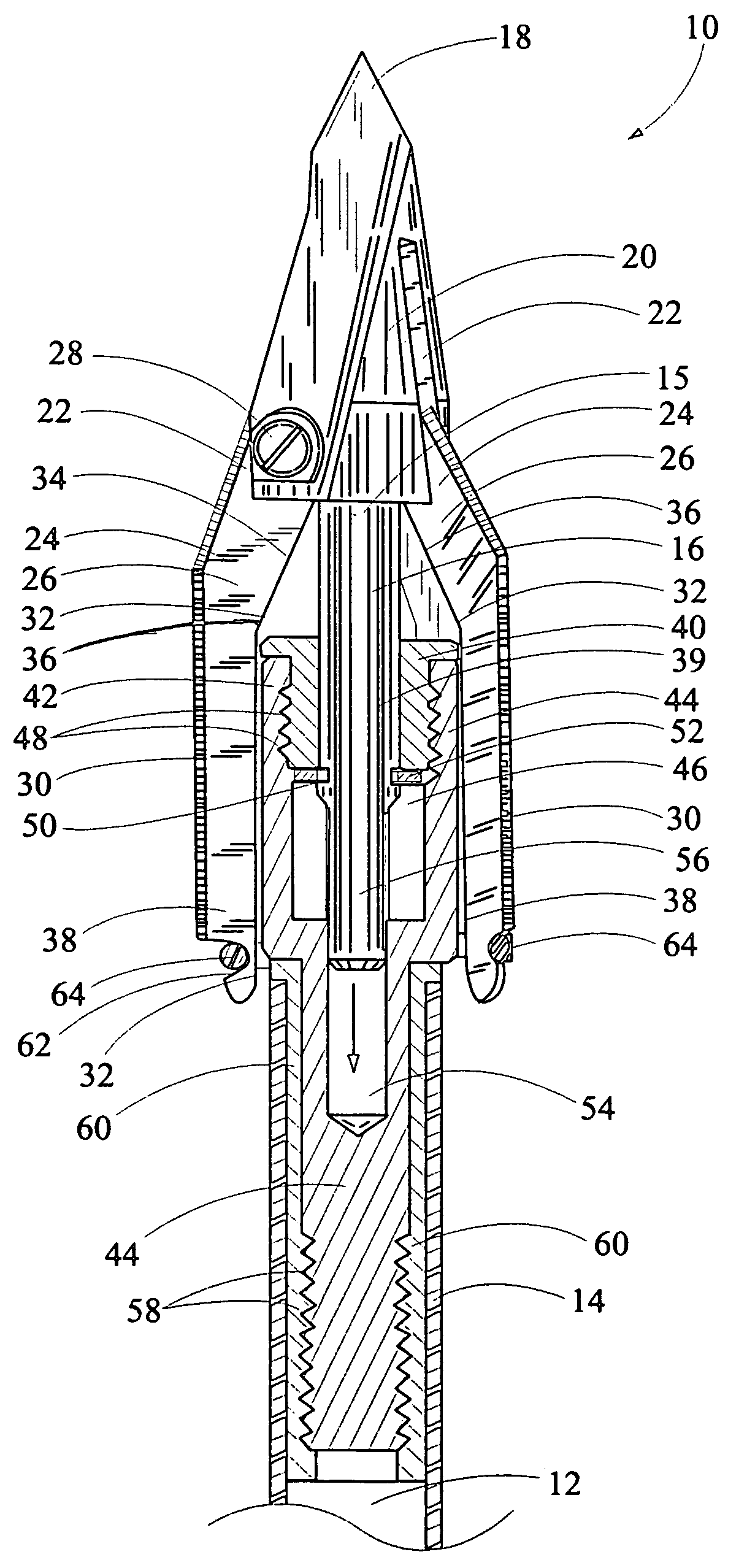 Expandable arrow broadhead for attachment to one end of an arrow shaft