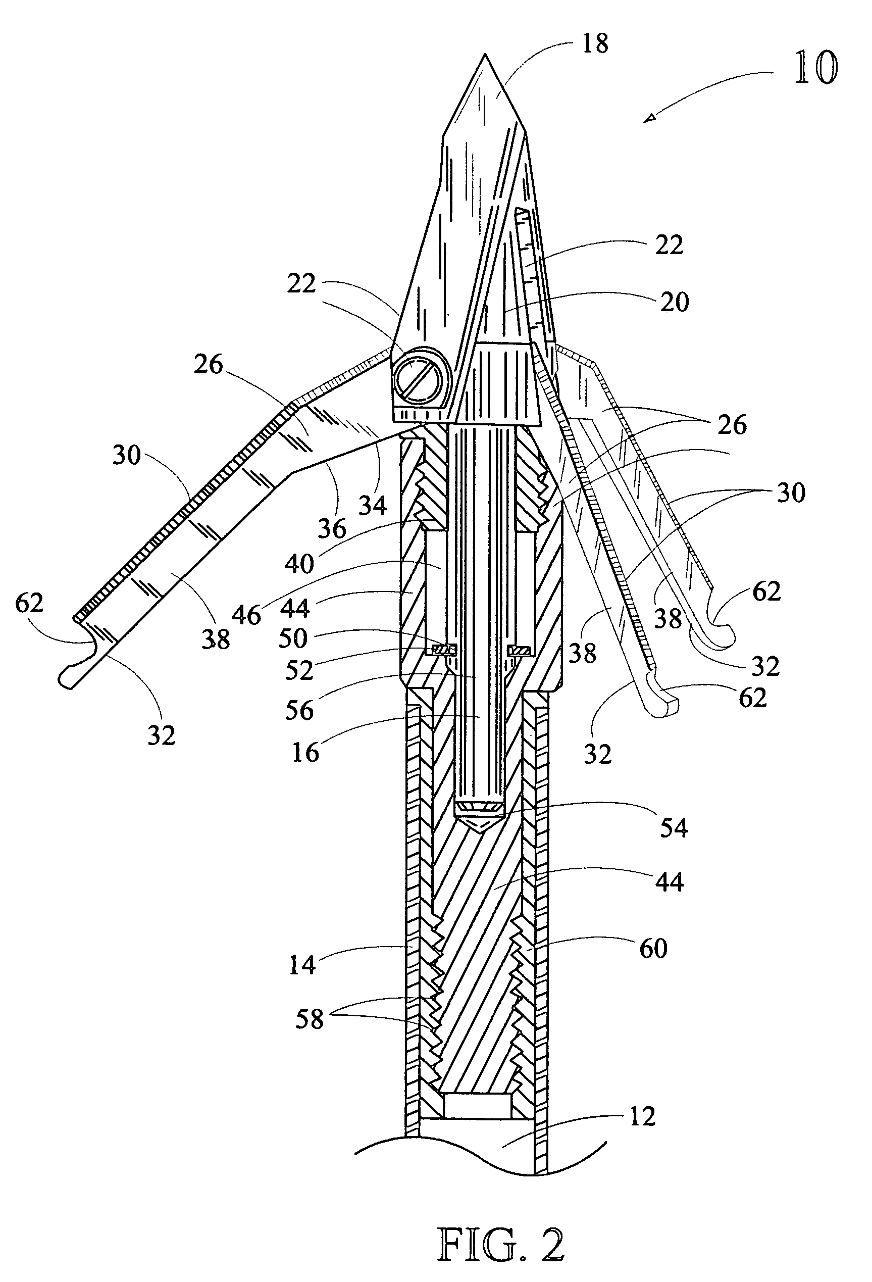 Expandable arrow broadhead for attachment to one end of an arrow shaft