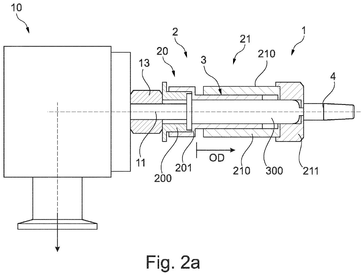 Displacement device, testing device and method for leakage testing of a connection of a tip cap with a syringe