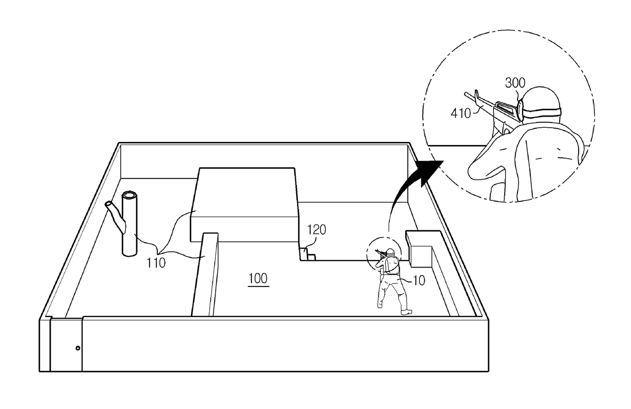 Virtual reality system enabling compatibility of sense of immersion in virtual space and movement in real space, and battle training system using same