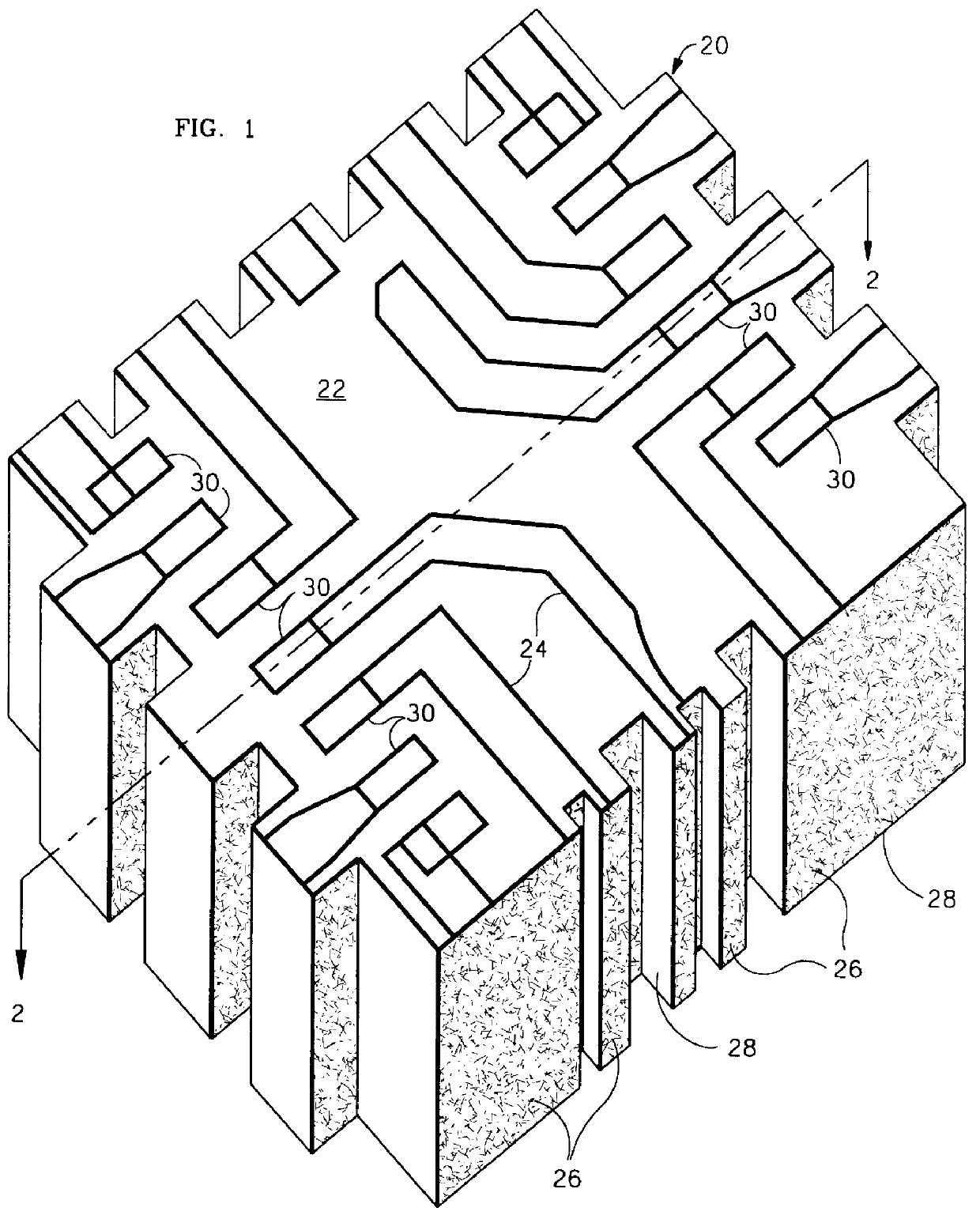 Monolithic integrated multiple electronic components internally interconnected and externally connected by conductive side castellations to the monolith that are of varying width particularly monolithic multiple capacitors