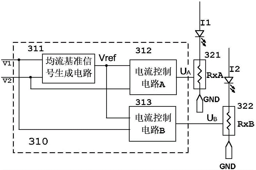 Current sharing circuit based on LED voltage-boosting constant current drive