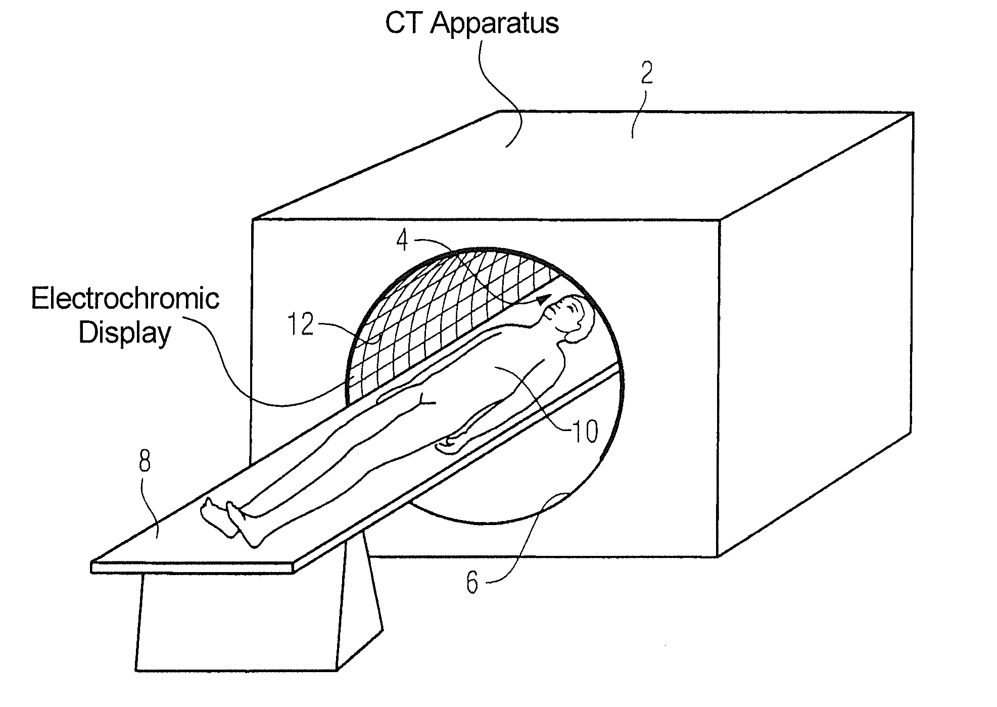 Medical diagnosis or therapy apparatus with an electrochromic display for the patient