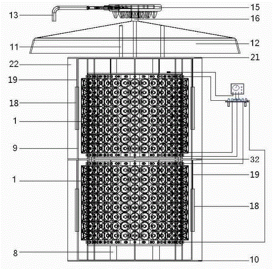 Water spray and electrostatic knockdown locust phototaxis trapping device