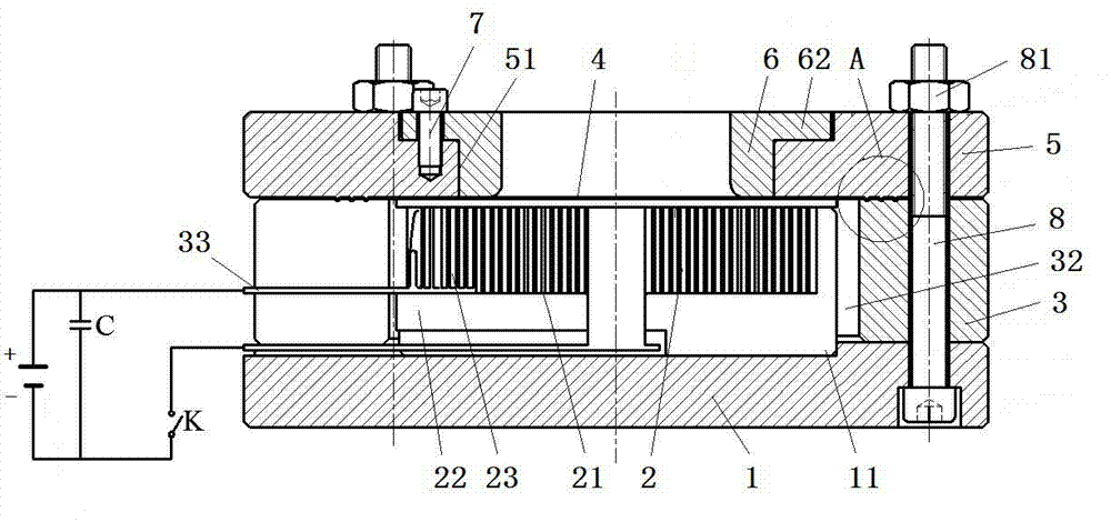 Alloy plate electromagnetic punching and flanging forming method and device