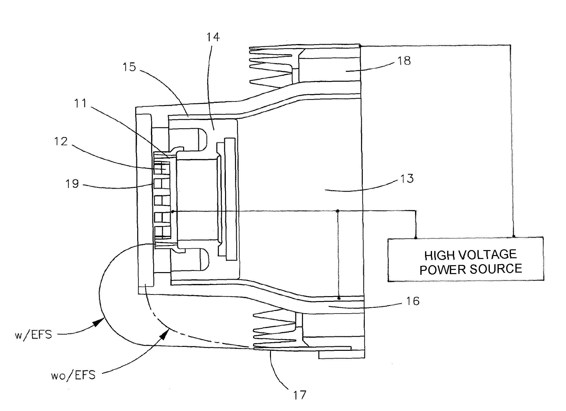 Dissociated discharge EHD sprayer with electric field shield