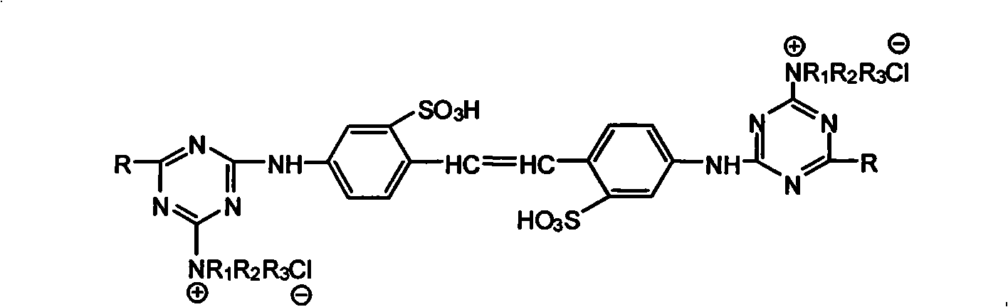 Amino-chloro-benzene-containing quaternary ammonium salt type fluorescent whitener, synthesizing method thereof and applications